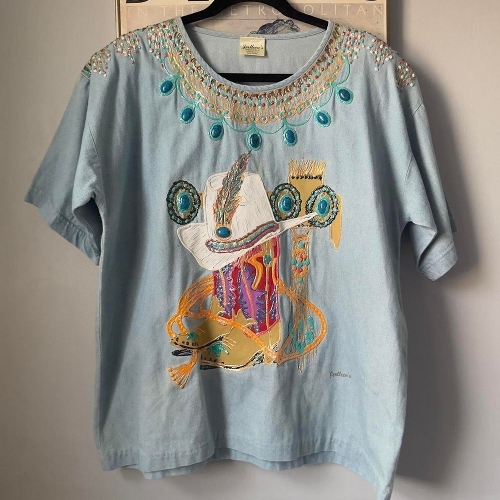 Vintage Western Rhinestone Glam Chambray Top Jerlenes Originals Houston USA Art